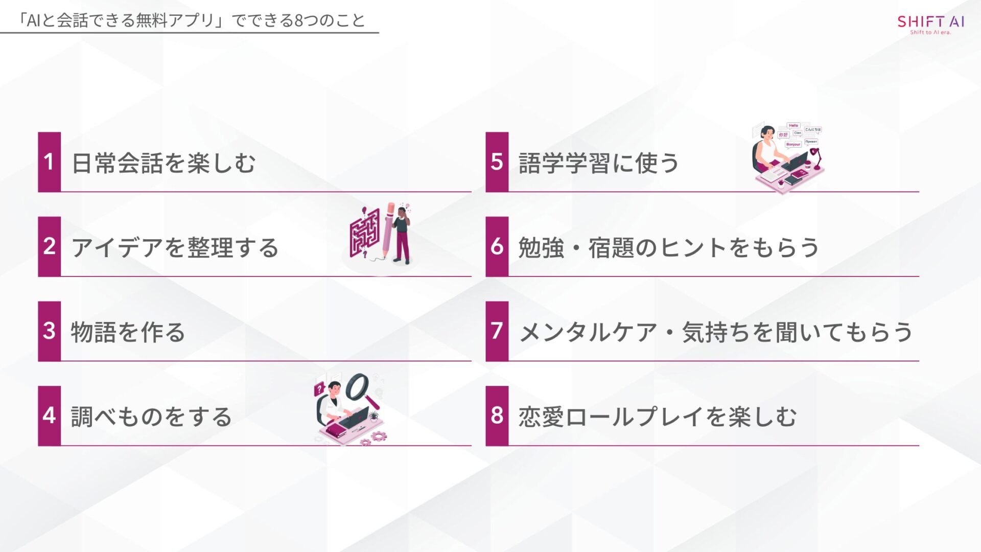 「AIと会話できる無料アプリ」でできることはたくさん!(日常会話を楽しむ/アイデアを整理する/物語を作る/調べものをする/語学学習に使う/勉強・宿題のヒントをもらう/メンタルケア・気持ちを聞いてもらう/恋愛ロールプレイを楽しむ)