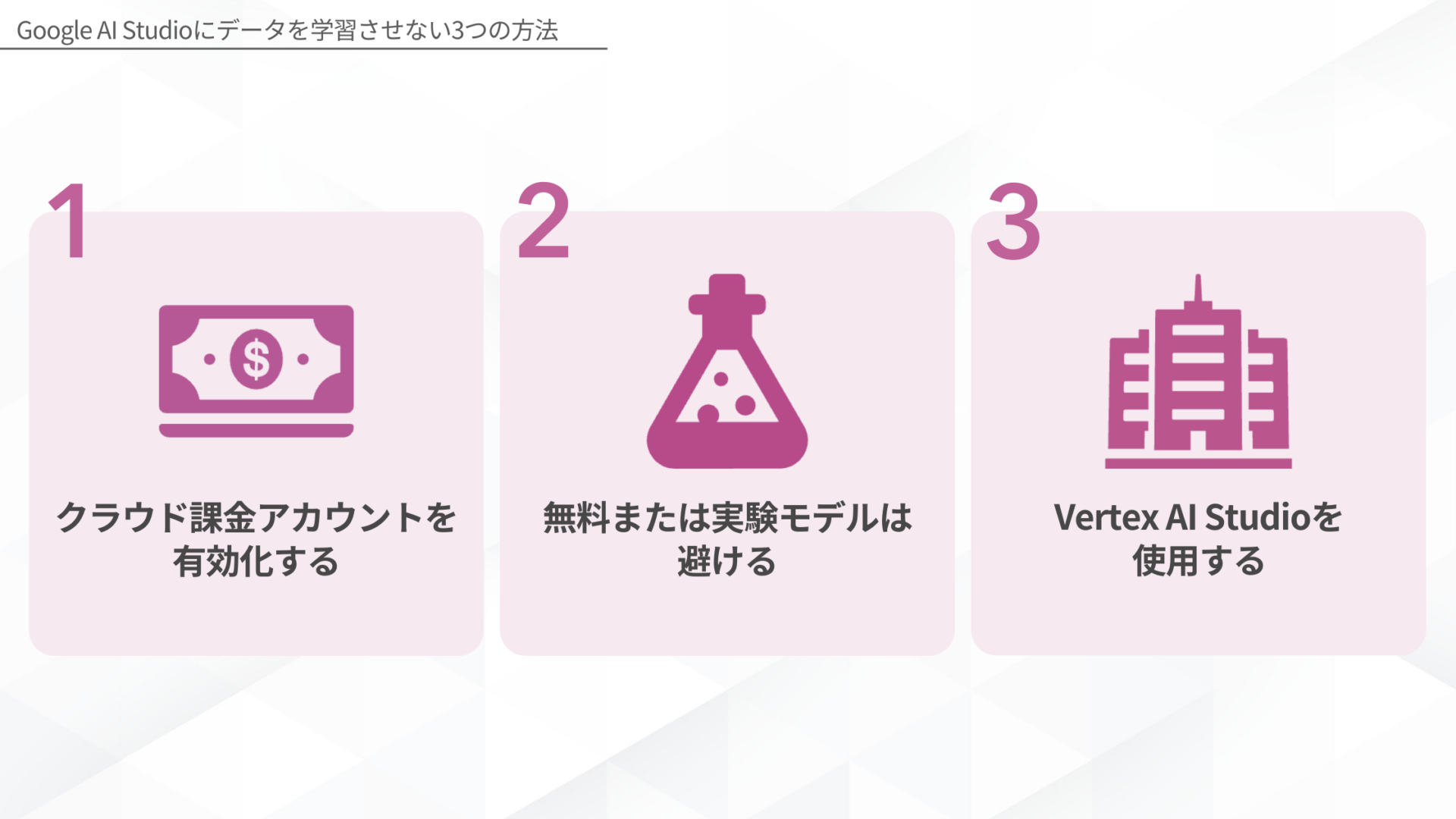 Google AI Studioにデータを学習させない方法(クラウド課金アカウントを有効化する/無料または実験モデルは避ける/Vertex AI Studioを使用する)