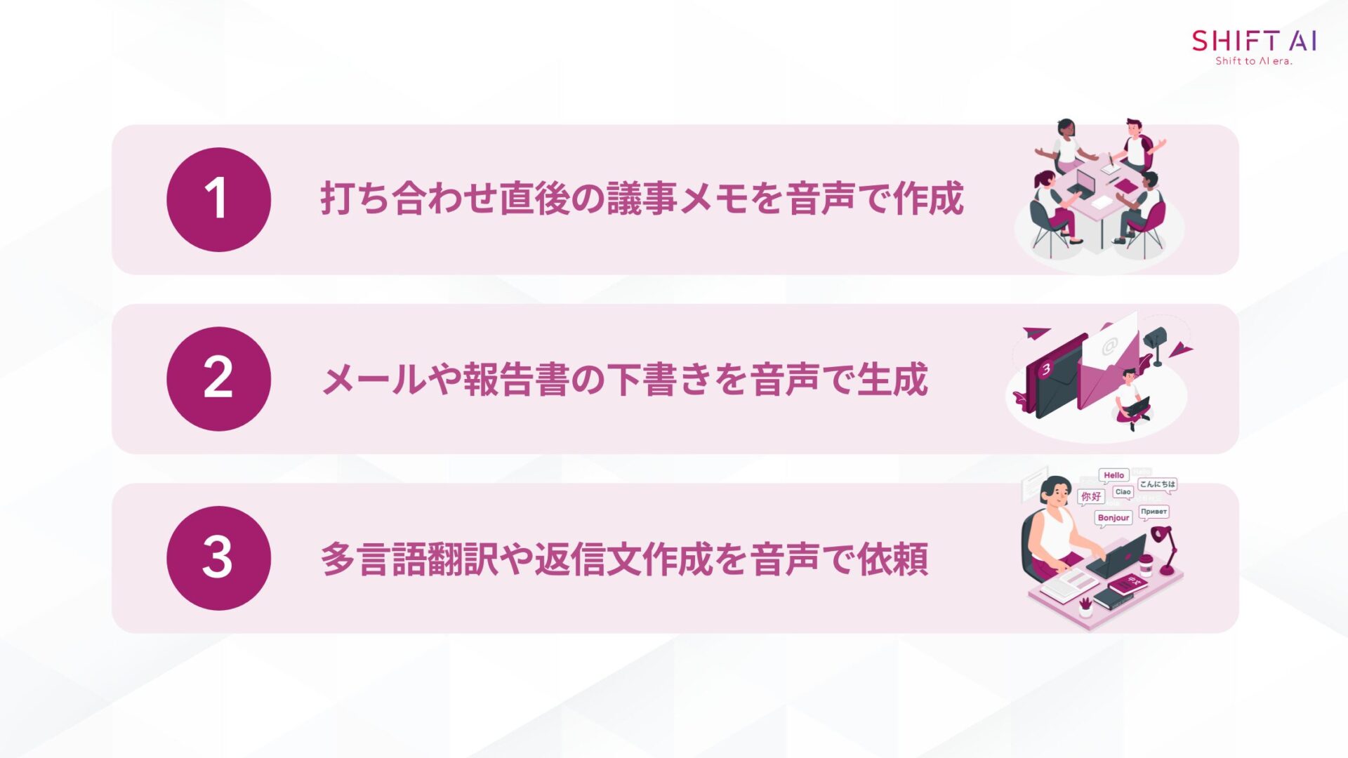Geminiの音声入力機能の3つの活用事例(打ち合わせ直後の議事メモを音声で作成メールや報告書の下書きを音声で生成多言語翻訳や返信文作成を音声で依頼)