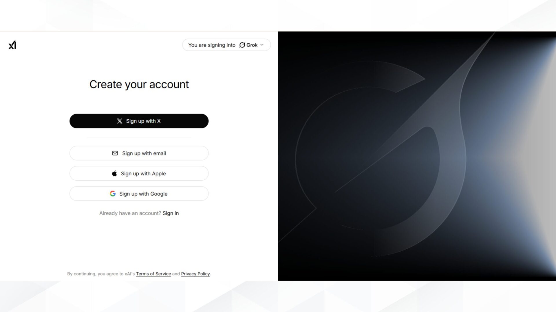 Grokで画像生成をする方法(PCで画像生成する方法-STEP1：公式サイトにアクセスする-Grokの公式サイトでのログイン画面)