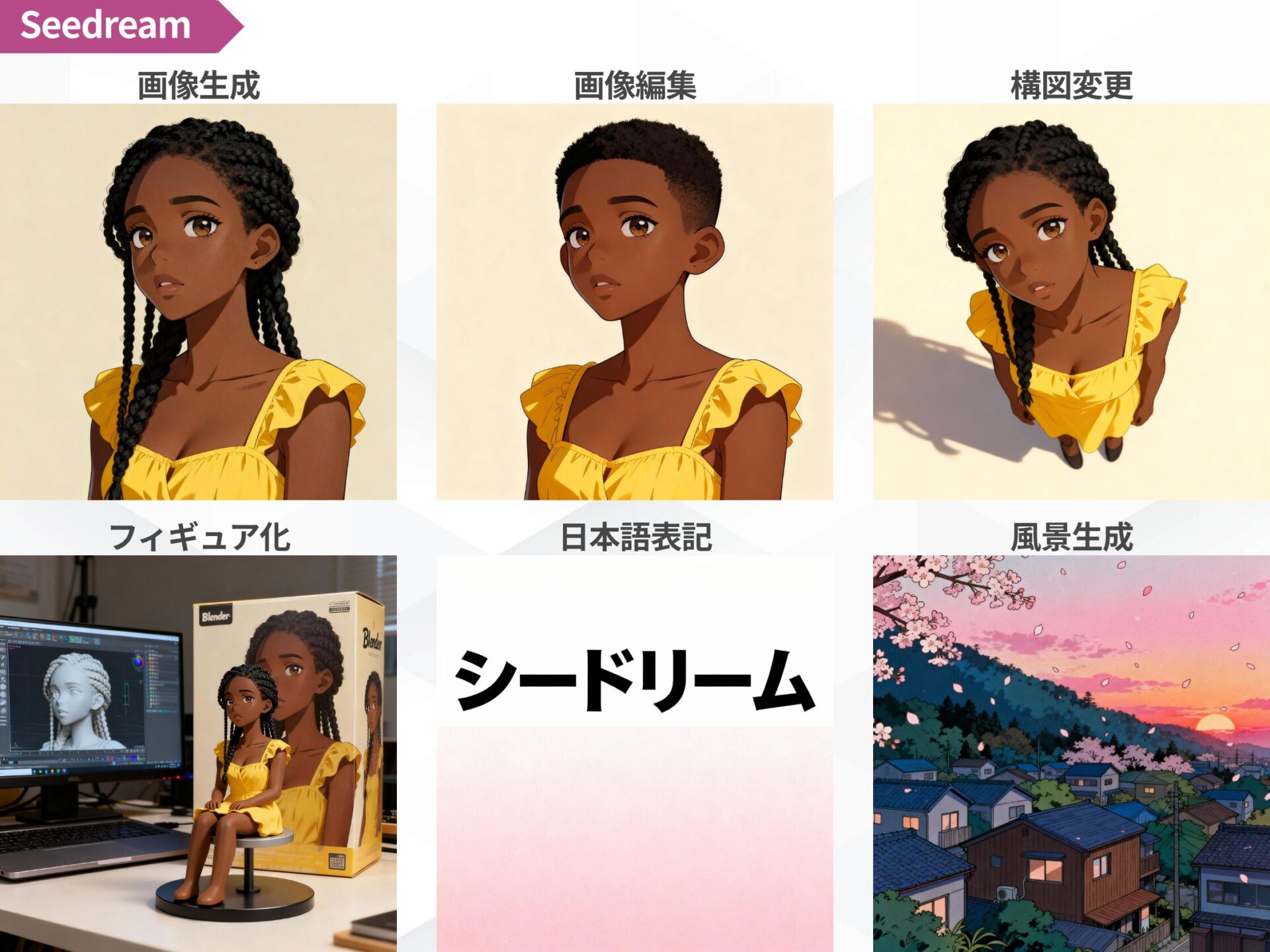 Seedreamの主な機能6選：画像生成、画像編集、構図変更、フィギュア化、日本語表記、風景生成