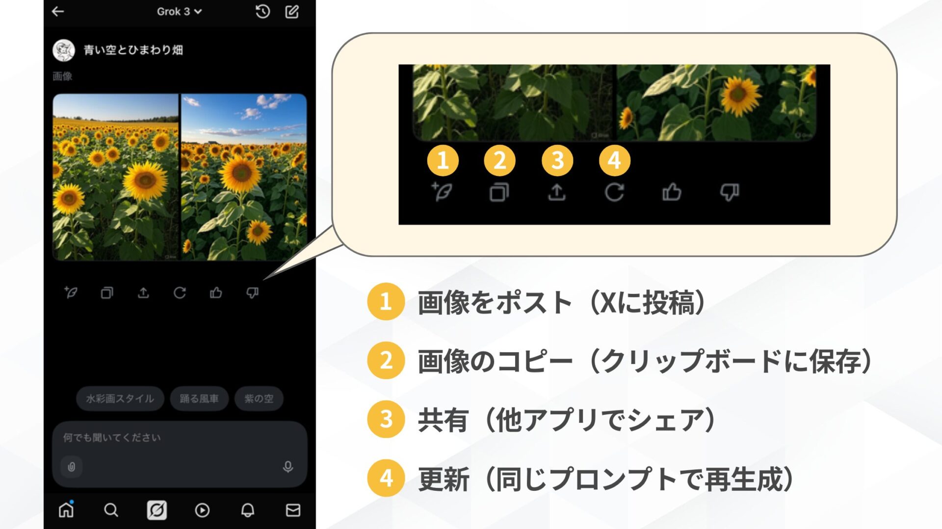 Grokで画像生成をする方法(スマホで画像生成する方法(Xで利用する方法)-STEP3： 画像を生成する-生成された画像)