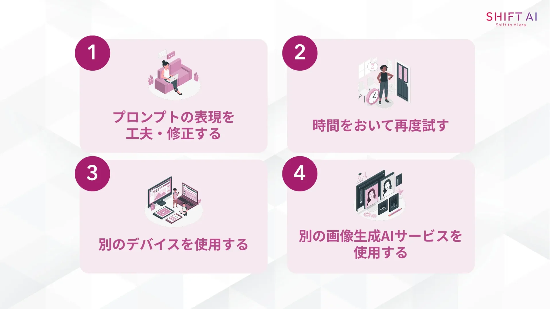 Geminiで画像生成できない場合の4つの対処法(プロンプトの表現を工夫・修正する/時間をおいて再度試す/別のデバイスを使用する/別の画像生成AIサービスを使用する)