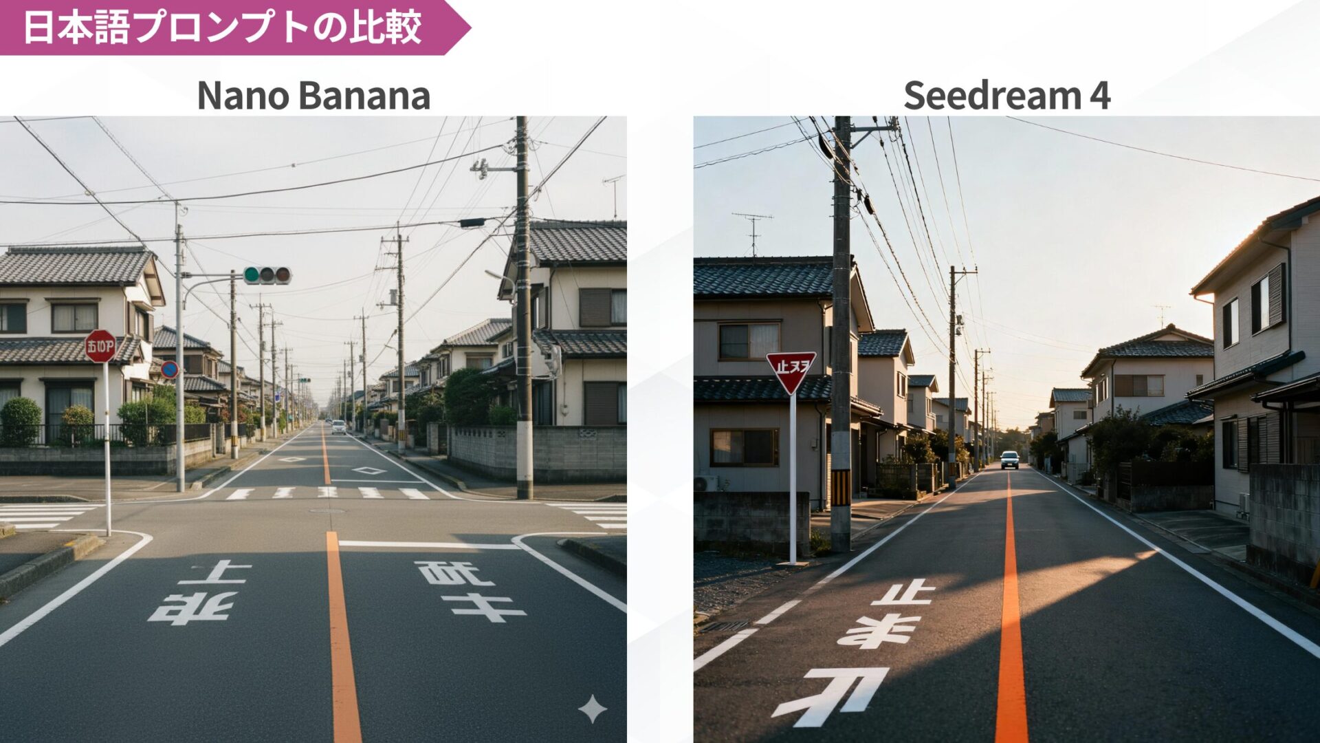 日本語プロンプトで生成した画像の比較：Nano BananaとSeedream 4による日本の街並み描写