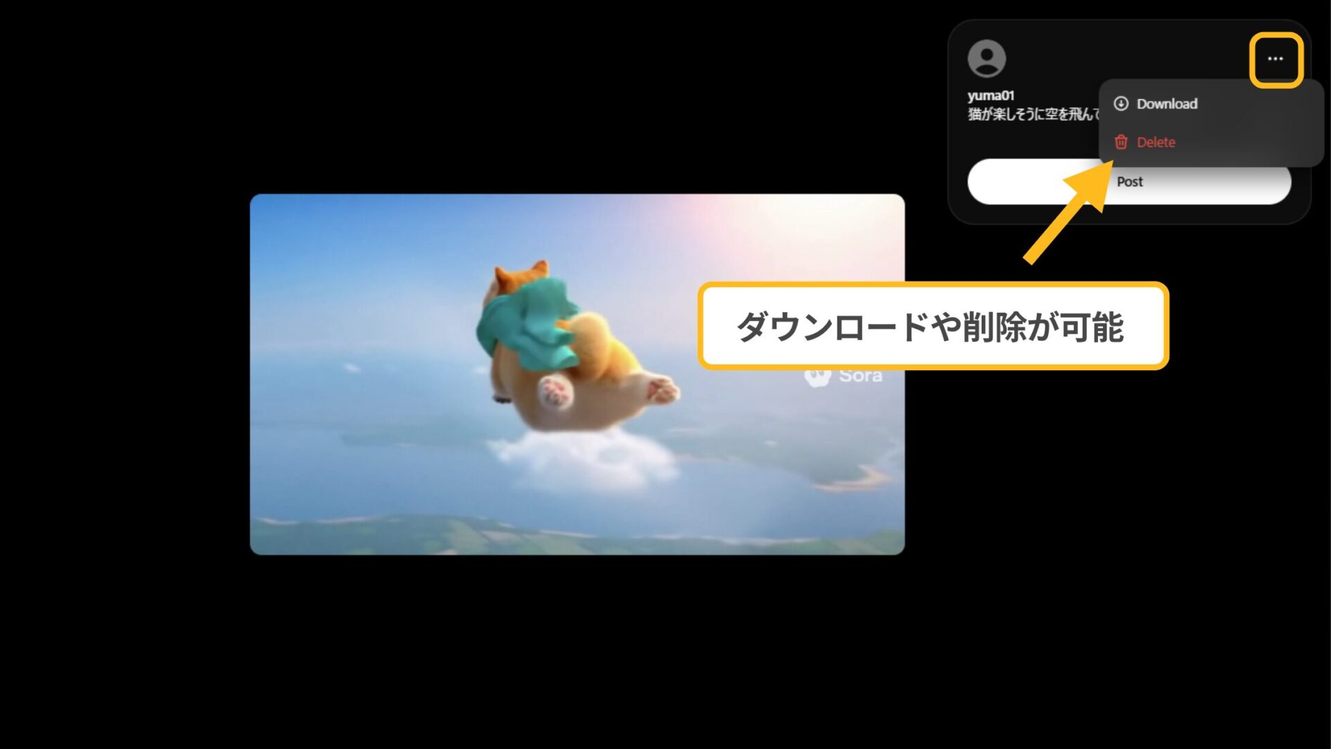 AI YouTuberの作成方法:Soraで生成した動画のダウンロードや削除をする画面のスクリーンショット