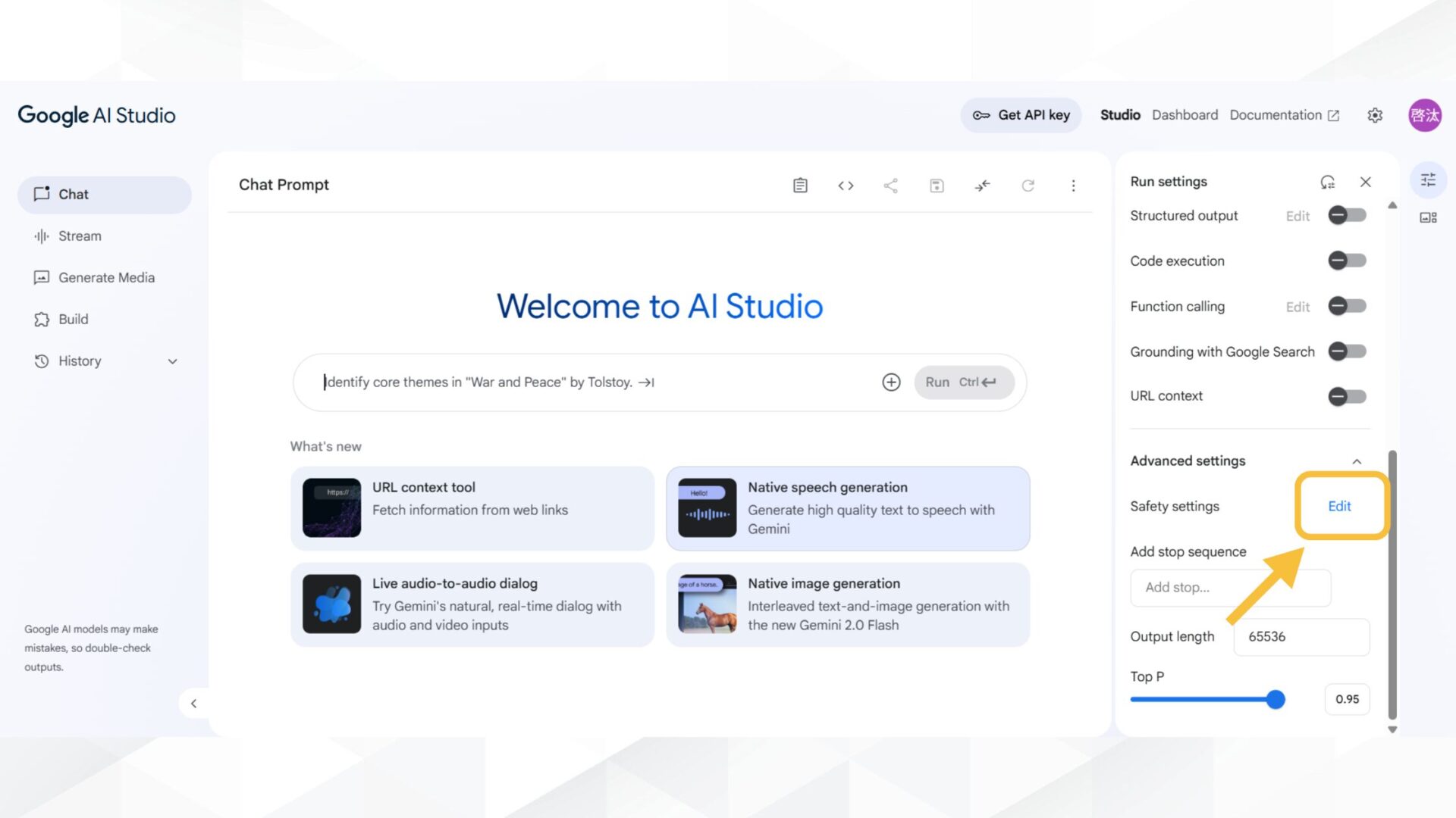 Google AI Studioを安全に使用するための対策(安全設定を有効にする-ステップ1：「Safety settings」の右にある「Edit」を選択する)