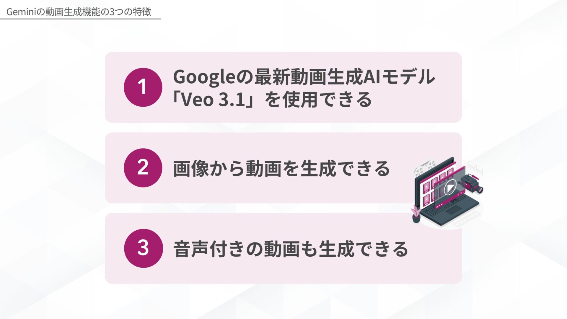 Geminiの動画生成機能の3つの特徴：1.Googleの最新動画生成AIモデル「Veo 3.1」を使用できる、2.画像から動画を生成できる、3.音声付きの動画も生成できる