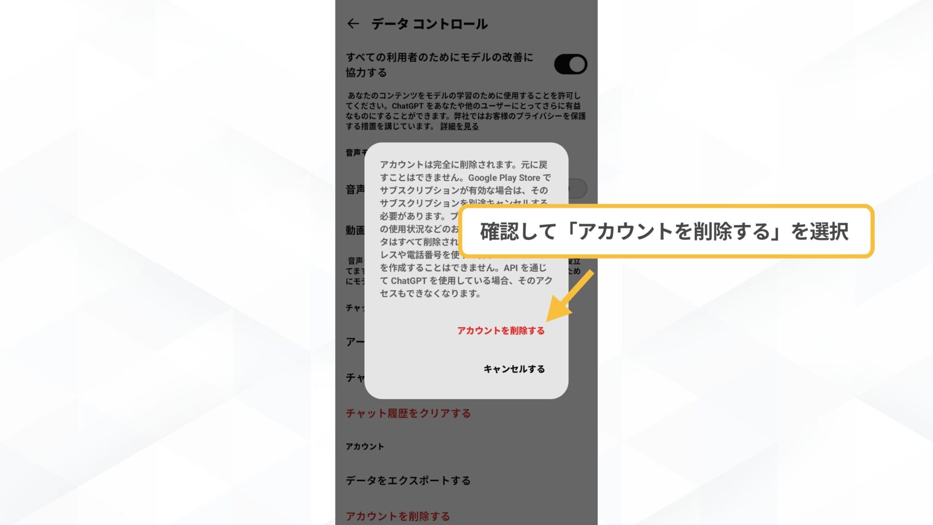 アカウントデータの削除方法(「アカウントを完全に削除する」を選択して削除完了-スマホアプリ)
