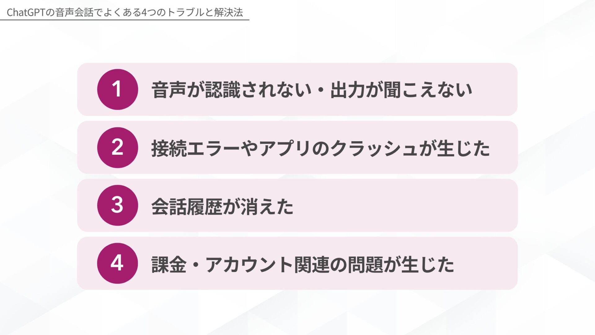 ChatGPTの音声会話でよくある4つのトラブルと解決法(音声が認識されない・出力が聞こえない/接続エラーやアプリのクラッシュが生じた/会話履歴が消える/課金・アカウント関連の問題が生じた)