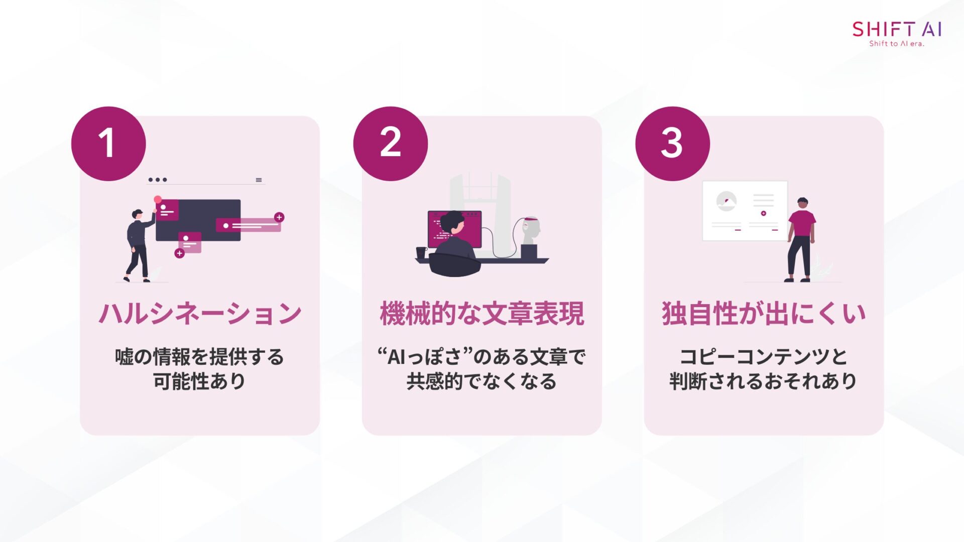 AI副業×ブログの3つの注意点の画像。①ハルシネーション：嘘の情報を提供する可能性あり。②機械的な文章表現。③独自性が出にくい：コピーコンテンツと判断されるおそれあり。