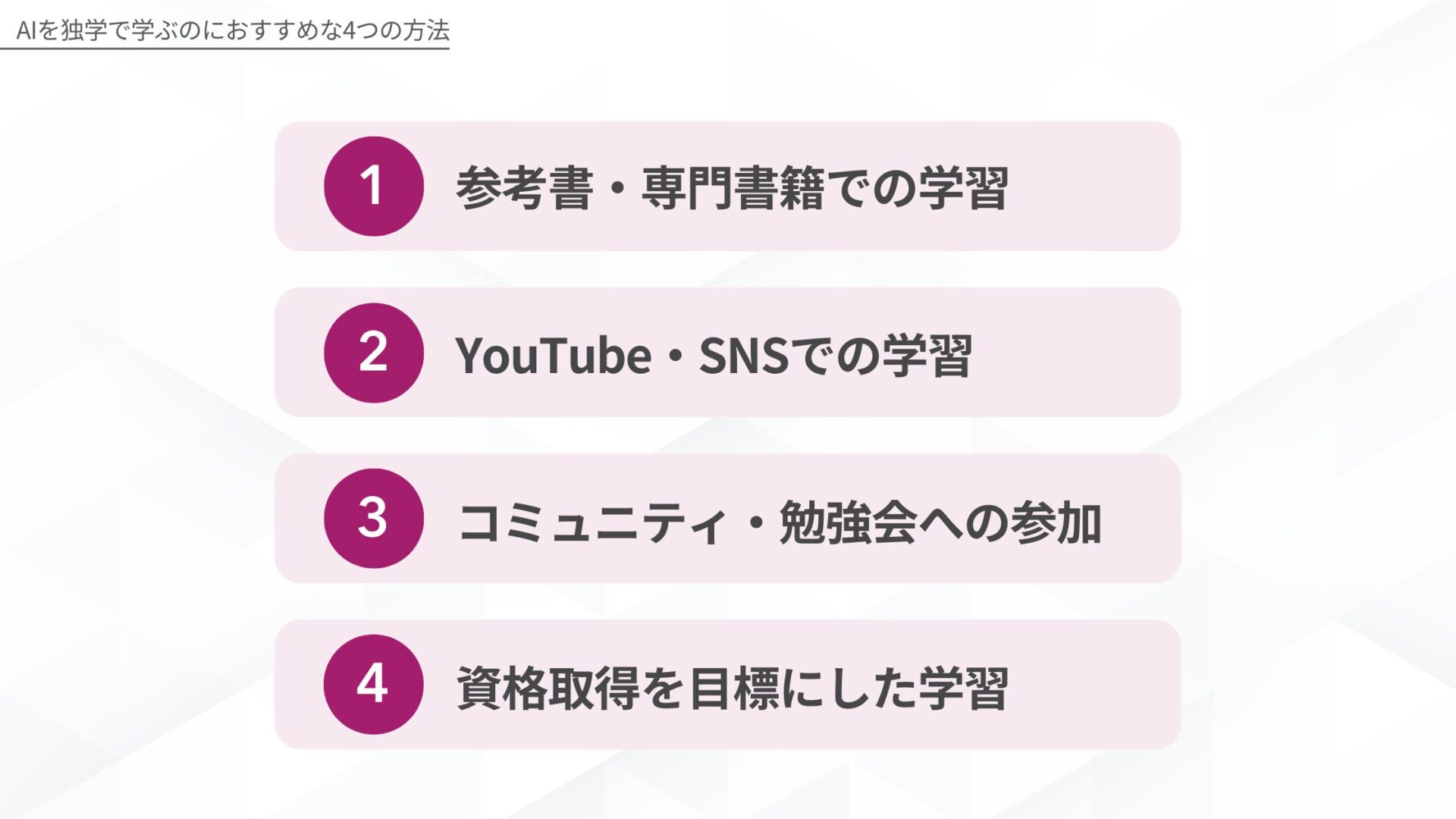 AIを独学で学ぶのにおすすめな4つの方法を示す図解