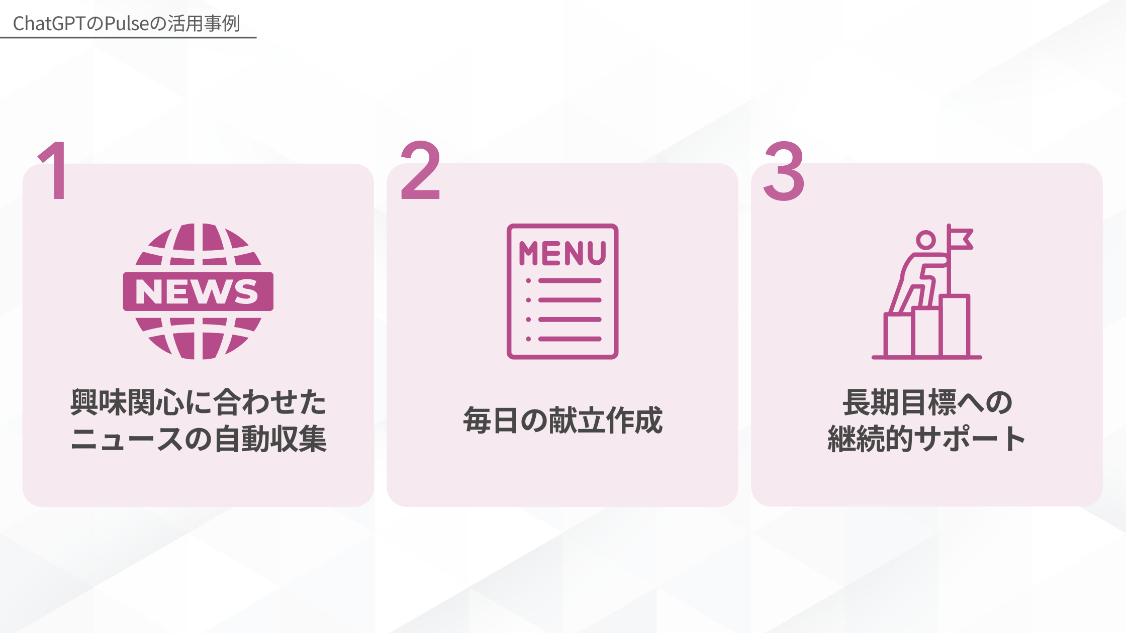 ChatGPTのPulseの活用事例(興味関心に合わせたニュースの自動収集/毎日の献立作成/長期目標への継続的サポート)