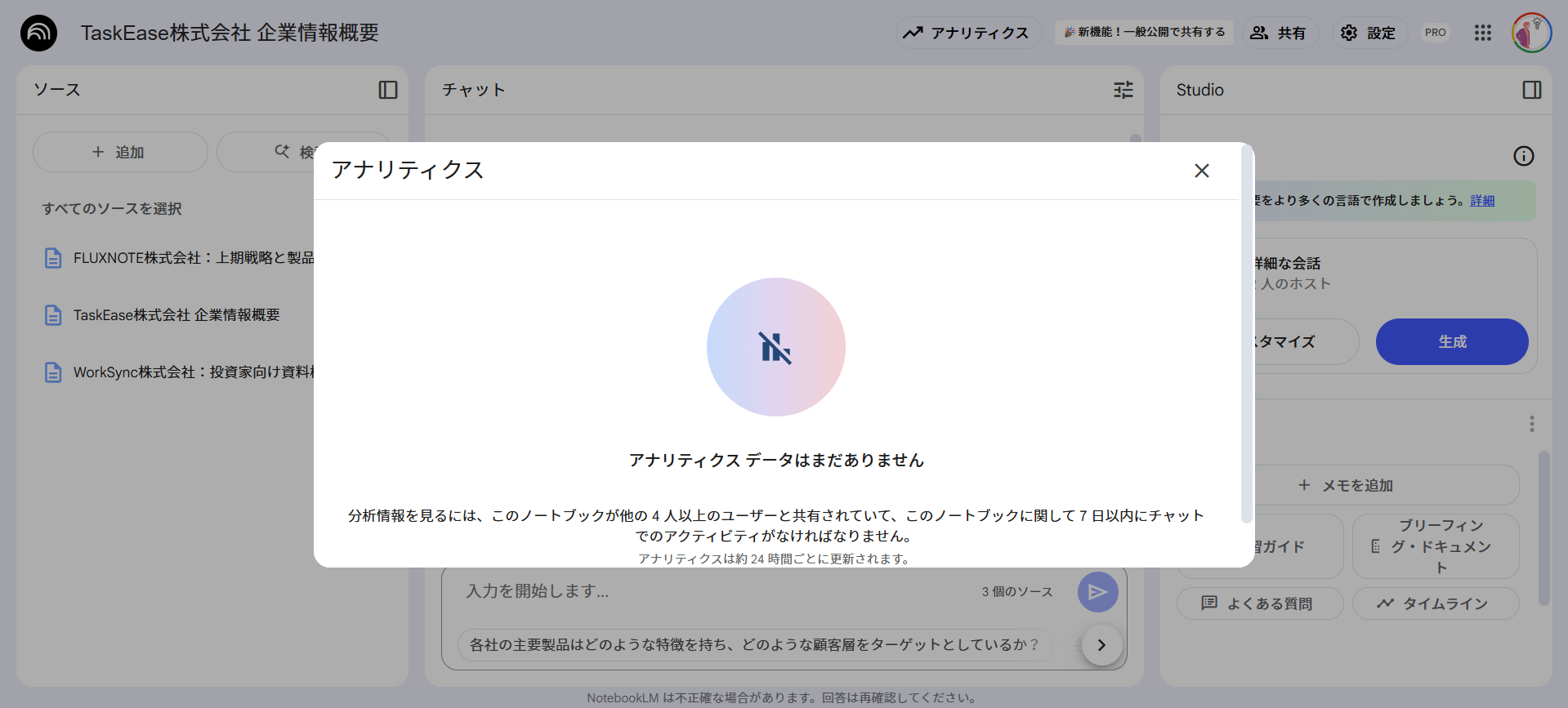 NotebookLM in Proの4つの特徴(チーム共有ノートブックの使用状況を分析できる)