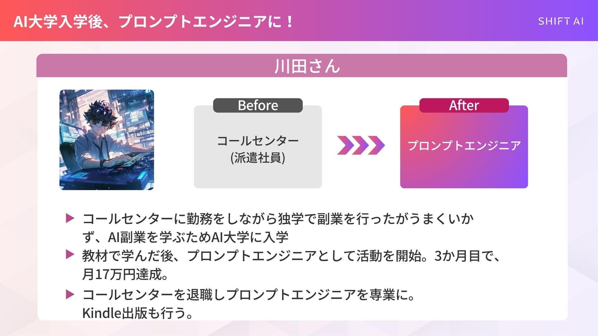 プロンプトエンジニアリングを学んでキャリアチェンジに成功した方の事例(②川田さん：コールセンター勤務からプロンプトエンジニアに！)