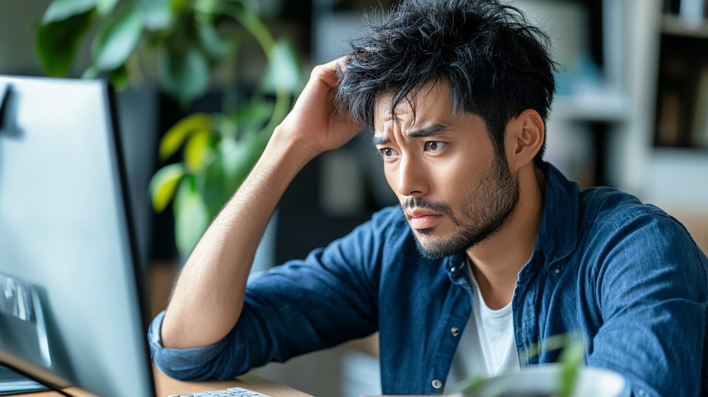 怪しいAIセミナーが増えている背景とトラブル事例:男性がパソコンを見て眉を顰めている画像