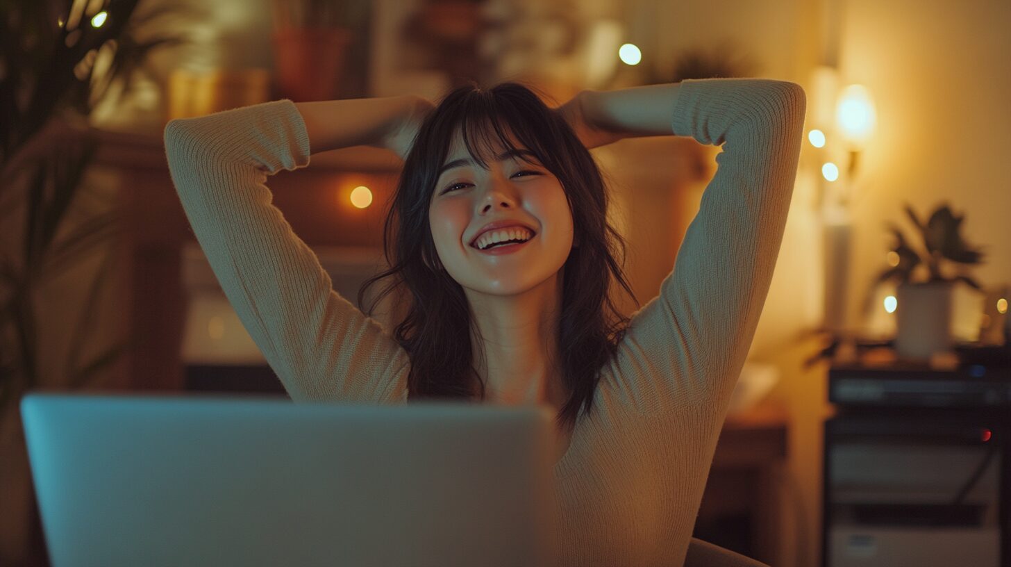 作業から解放されてパソコンの前で笑顔で背伸びをしている女性