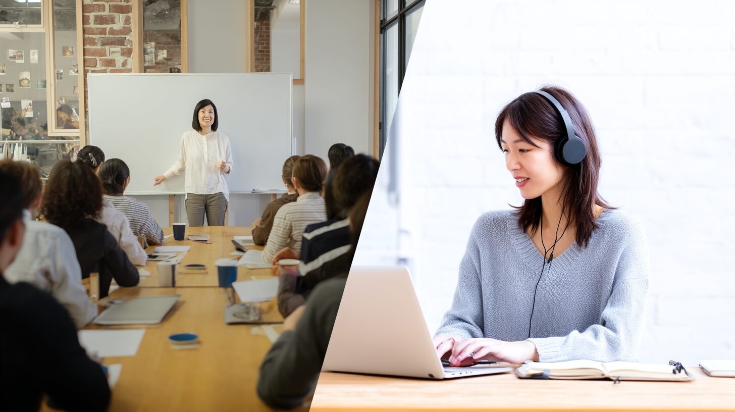 オンラインAIセミナーは怪しい?対面との違いを比較:オンラインと対面セミナーを受けている人物画像