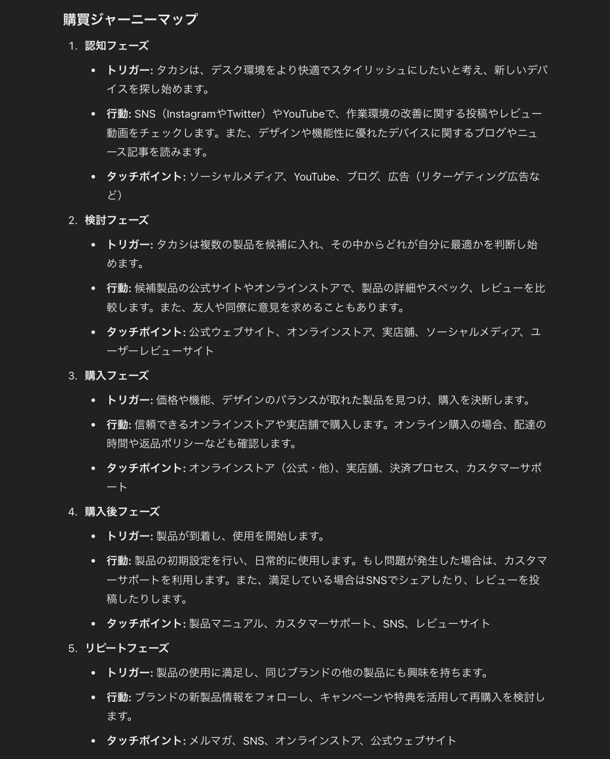 ChatGPTで行った顧客のペルソナや購買のジャーニーマップの考案(購買ジャーニーマップ)