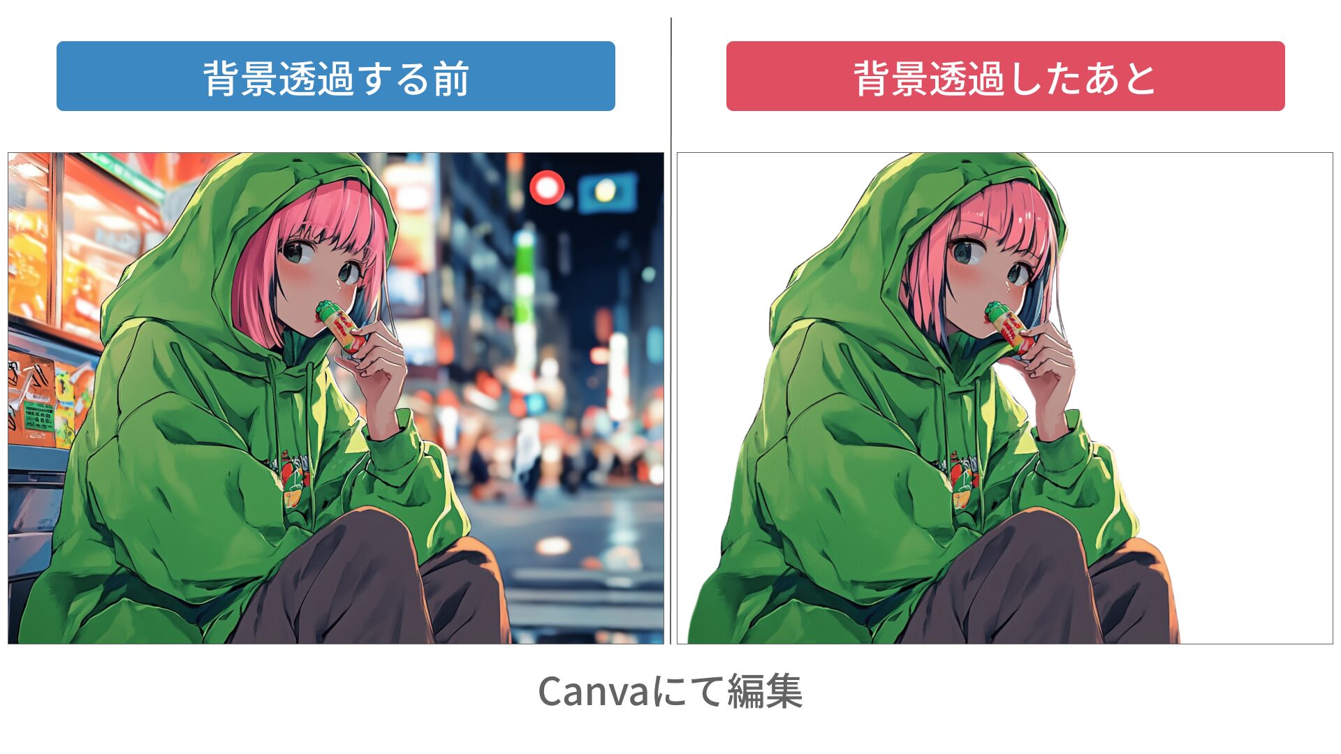 Midjourneyで生成した画像の背景透過の前後(複雑な背景)