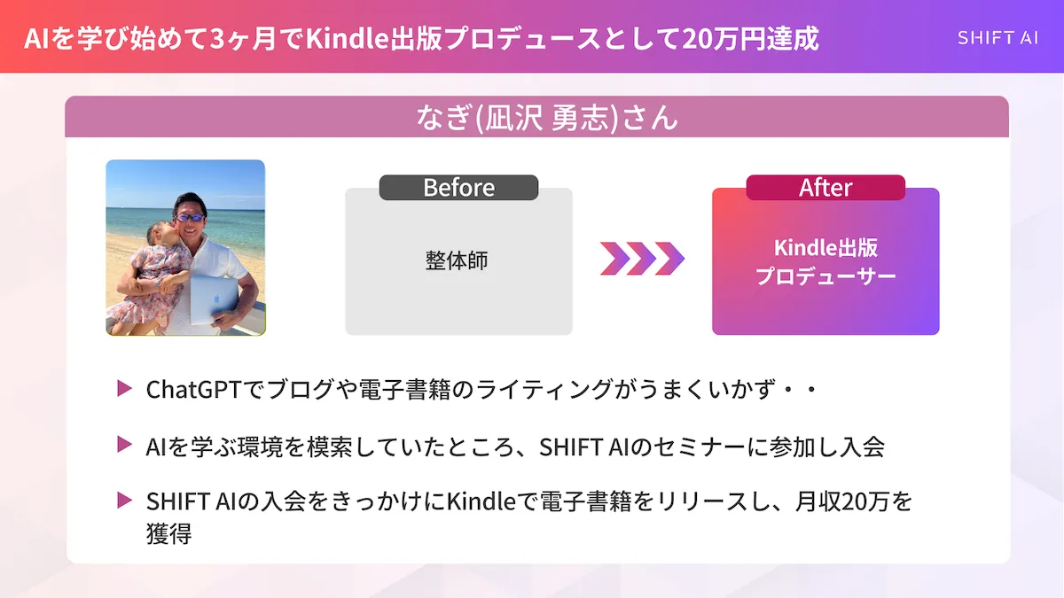 Kindle本の出版で月20万円を獲得したなぎさんの略歴