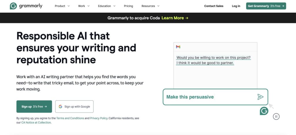 AIブログ記事作成ツール「Grammarly」の公式サイトの画像