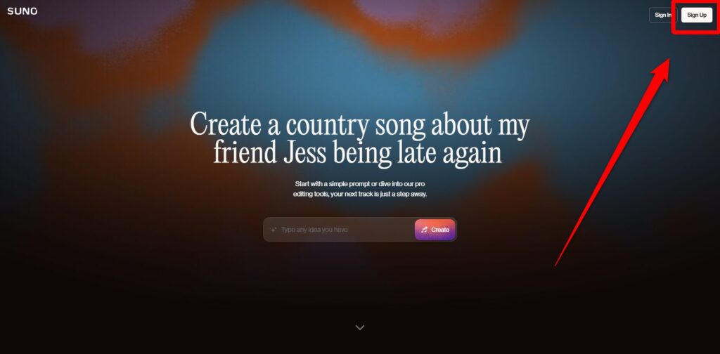 Suno AI登録画面:左上部の「Sign Up」ボタンをクリックする