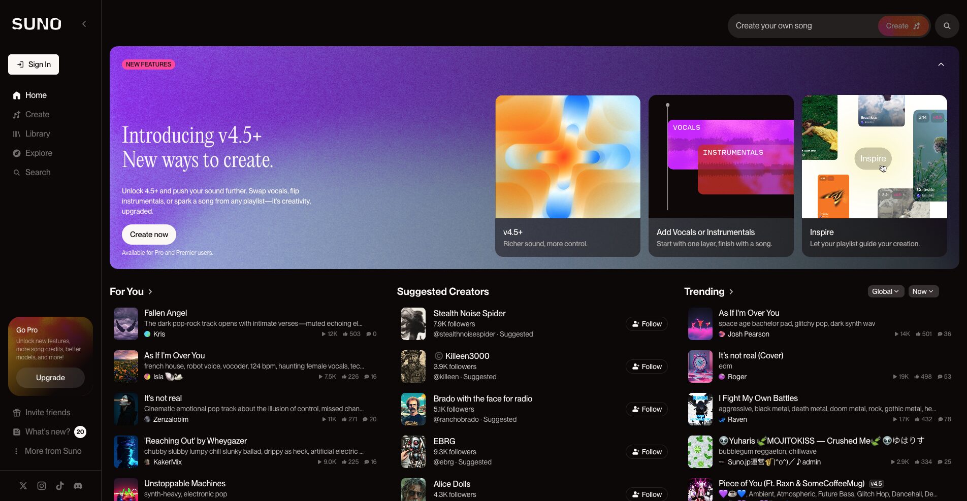 Suno AIトップ画面