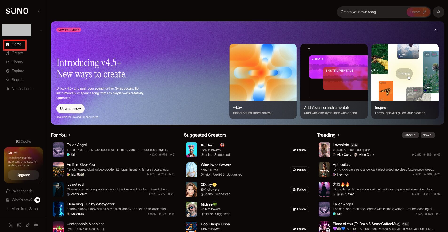 Suno AIトップ画面から「Home」