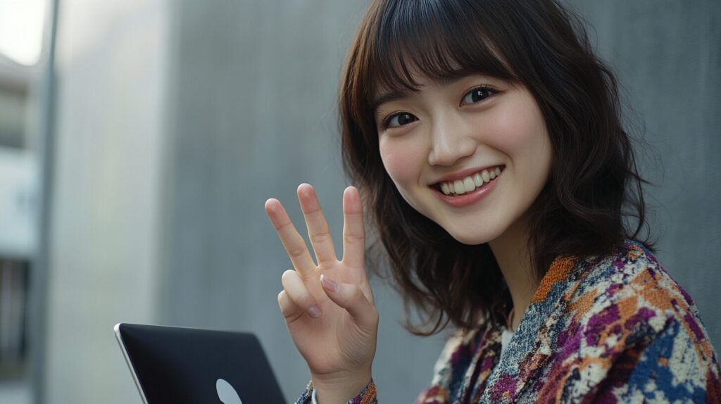 パソコンを片手に、GeminiによるYouTube動画要約の3つのポイントを示している女性