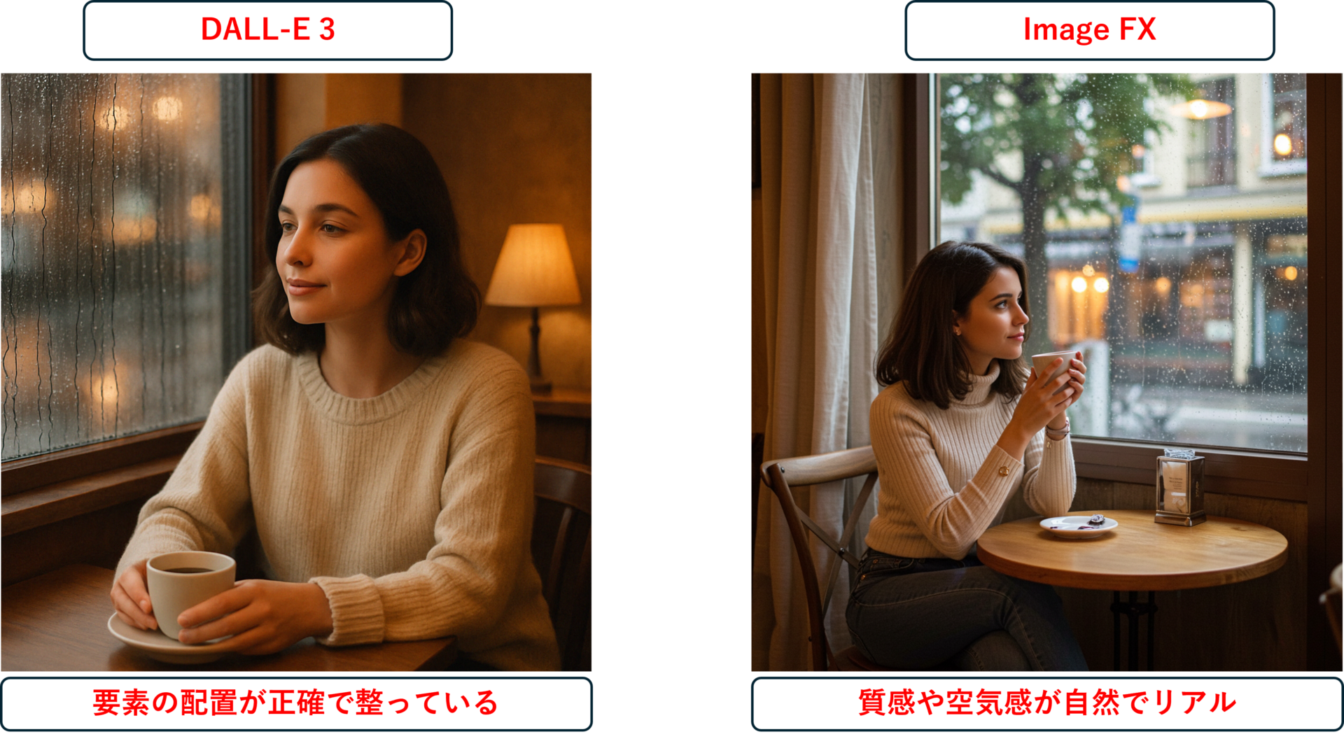 左はDALL·E 3で生成された、構図や要素配置が整っている画像。右はImageFXで生成された、質感や空気感が自然に表現されている画像。