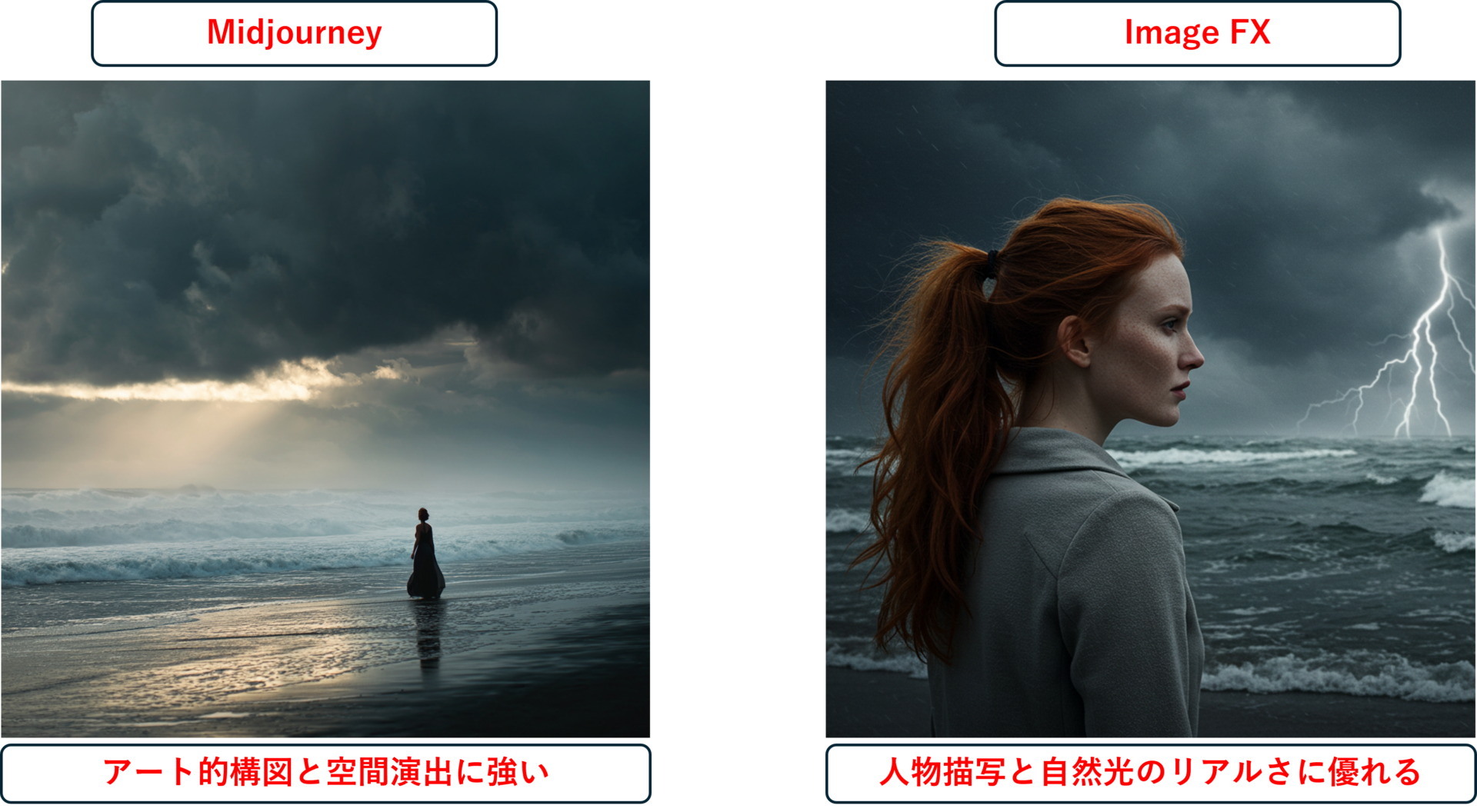 左:Midjourney(構図と光の演出が印象的)
右:ImageFX(人物描写や自然光の表現がリアルな画像)