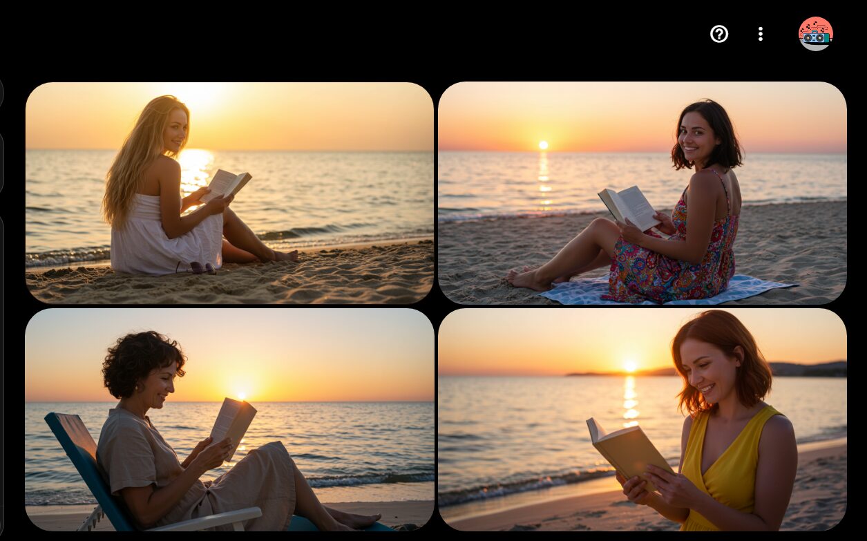 夕焼けの浜辺で本を読んでいる4人の女性