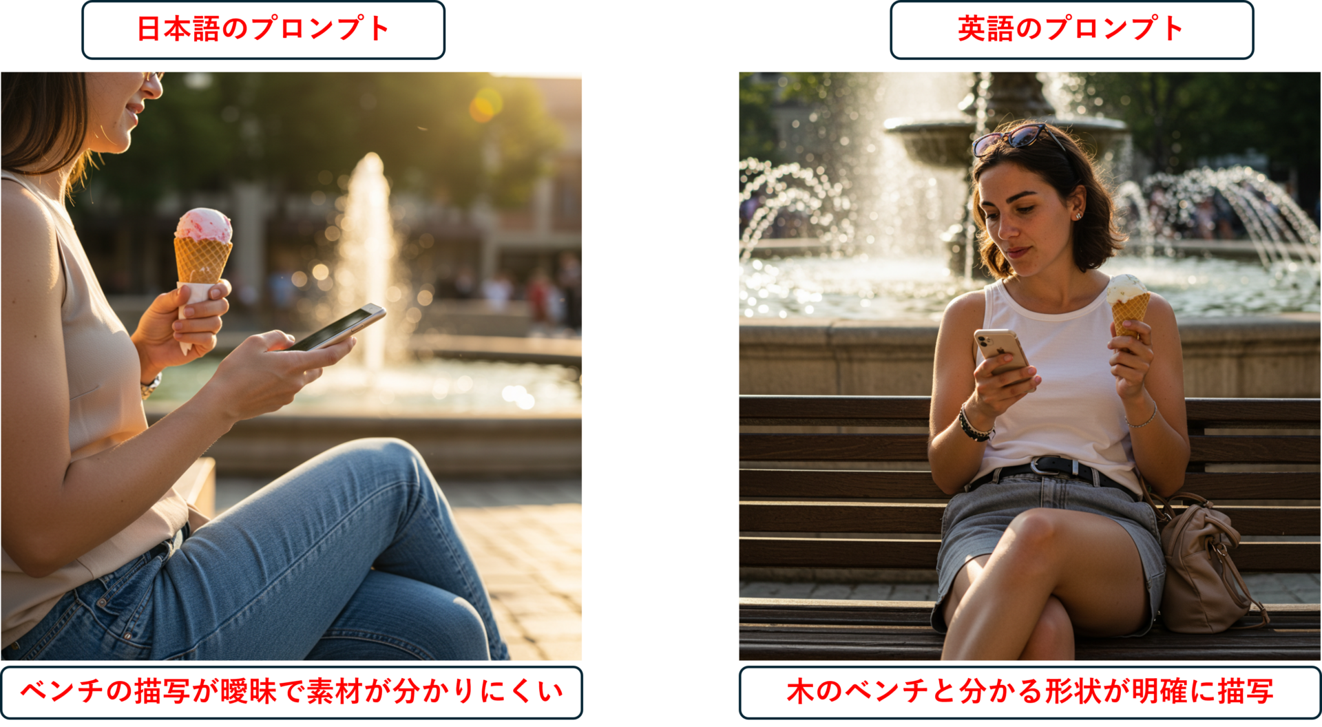 左はImageFXで日本語プロンプトで生成され、ベンチの素材感が曖昧な画像、右は英語プロンプトで、木のベンチの形状や構図が明確に描写されている画像