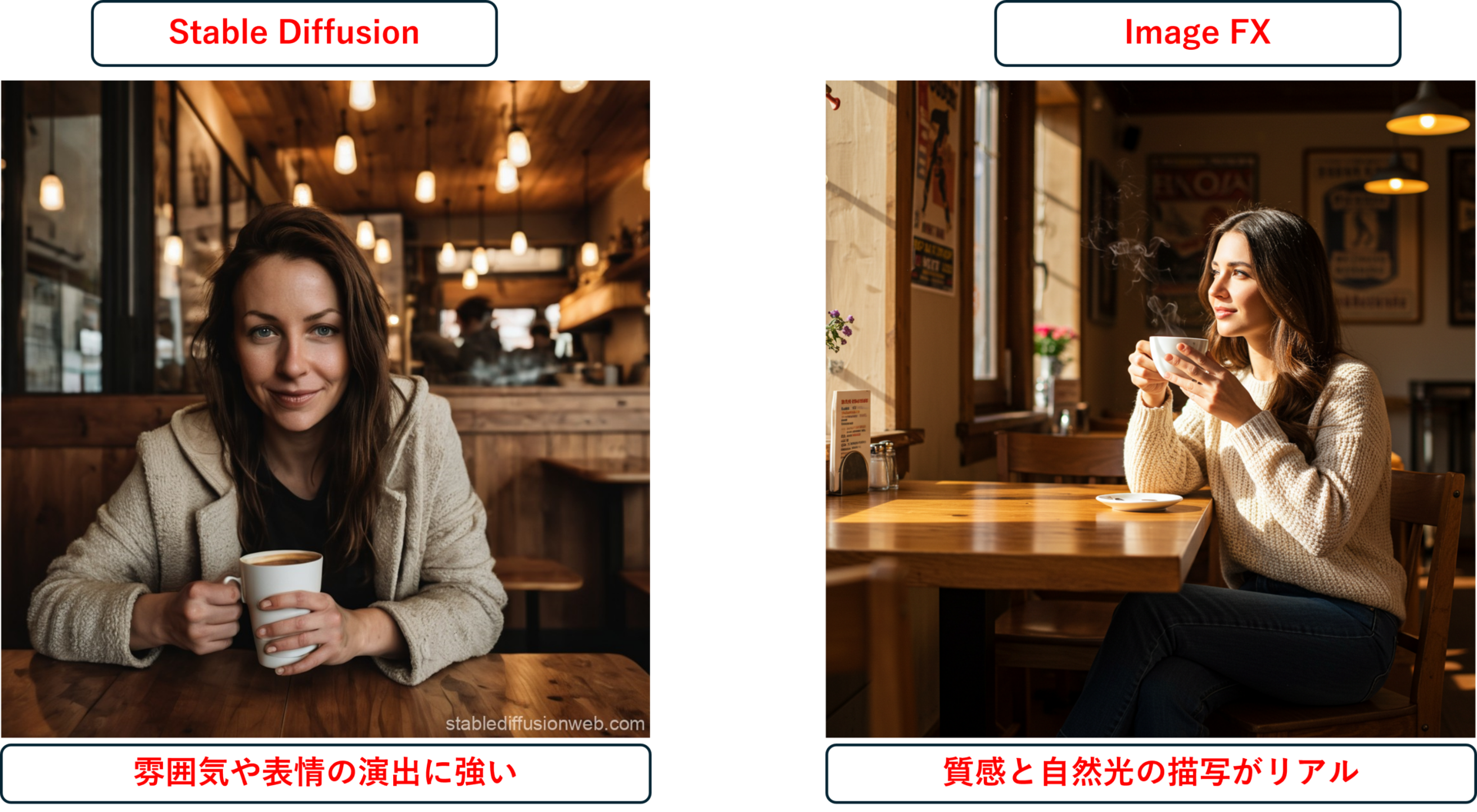 左はStable Diffusionで生成した表情や雰囲気の演出が際立つ画像で、右はImageFXで、肌や光の質感が自然でリアルな画像
