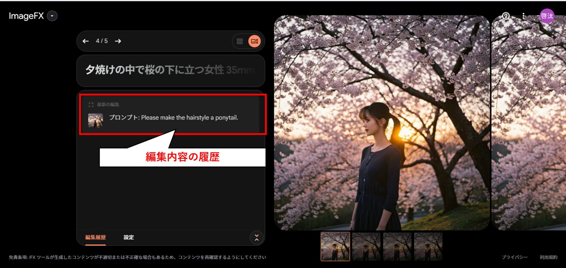 ImageFXの編集履歴に「Please make the hairstyle a ponytail.」と表示され、女性の髪型がポニーテールに変更された画像