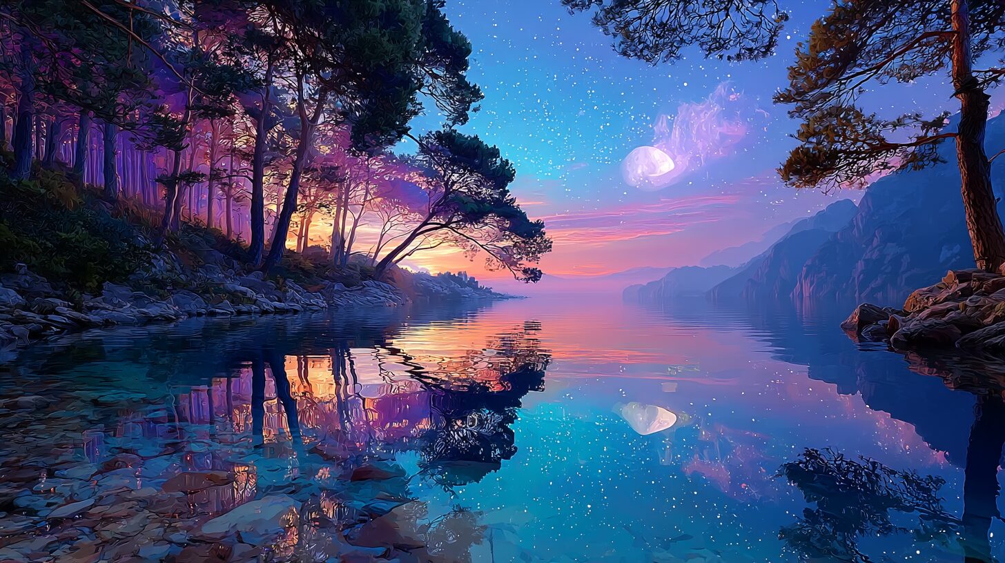 Midjourneyで生成した「月光に照らされた幻想的な森と湖」の水彩画風の画像