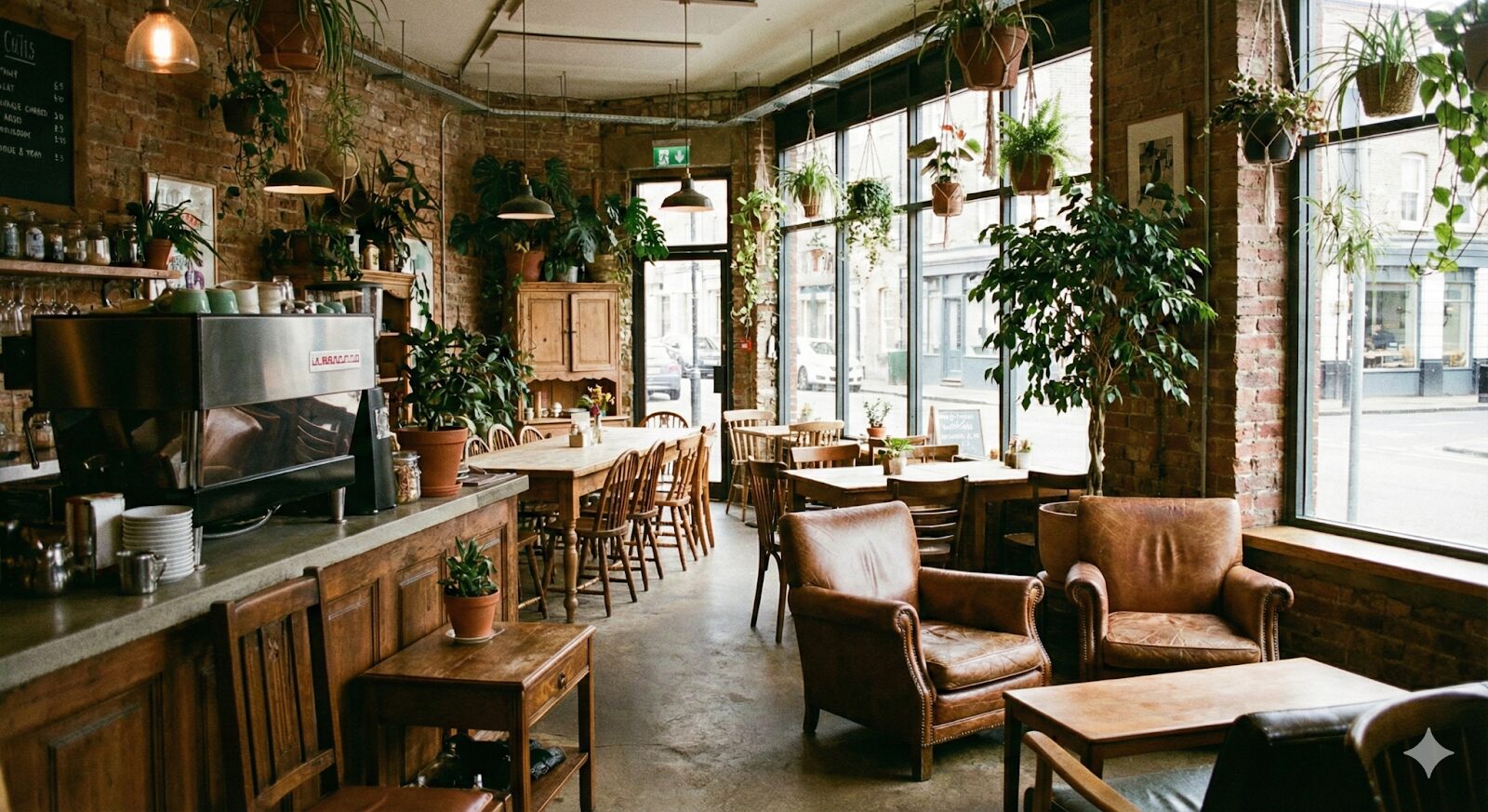 Nano Banana Proで生成した「カフェの内装」に人物を含めないように追加指示して生成した画像