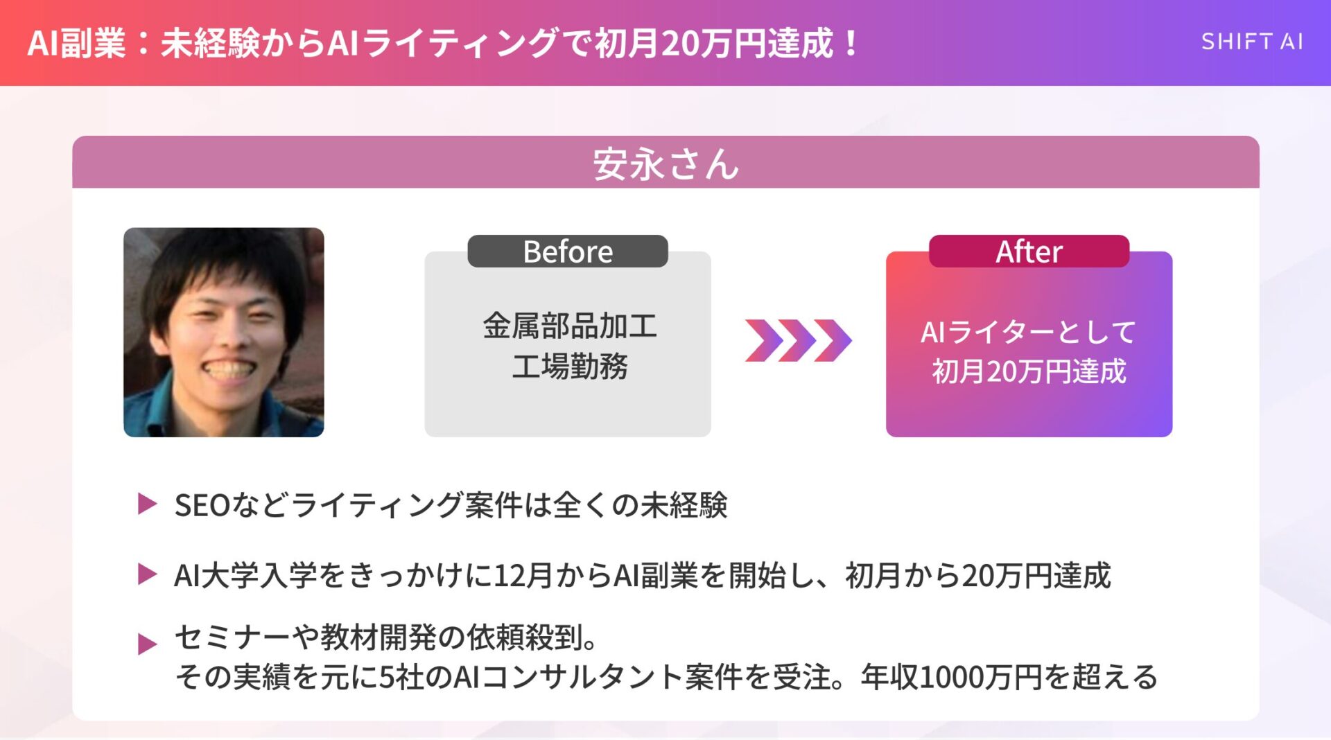 SHIFT AIに入会してAIコンサルタントになった安永さんの図解