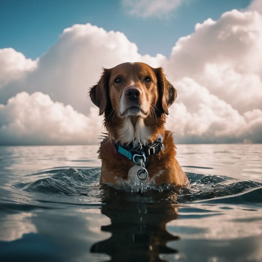 Stable Diffusion 3.5で生成した海に入る犬の画像