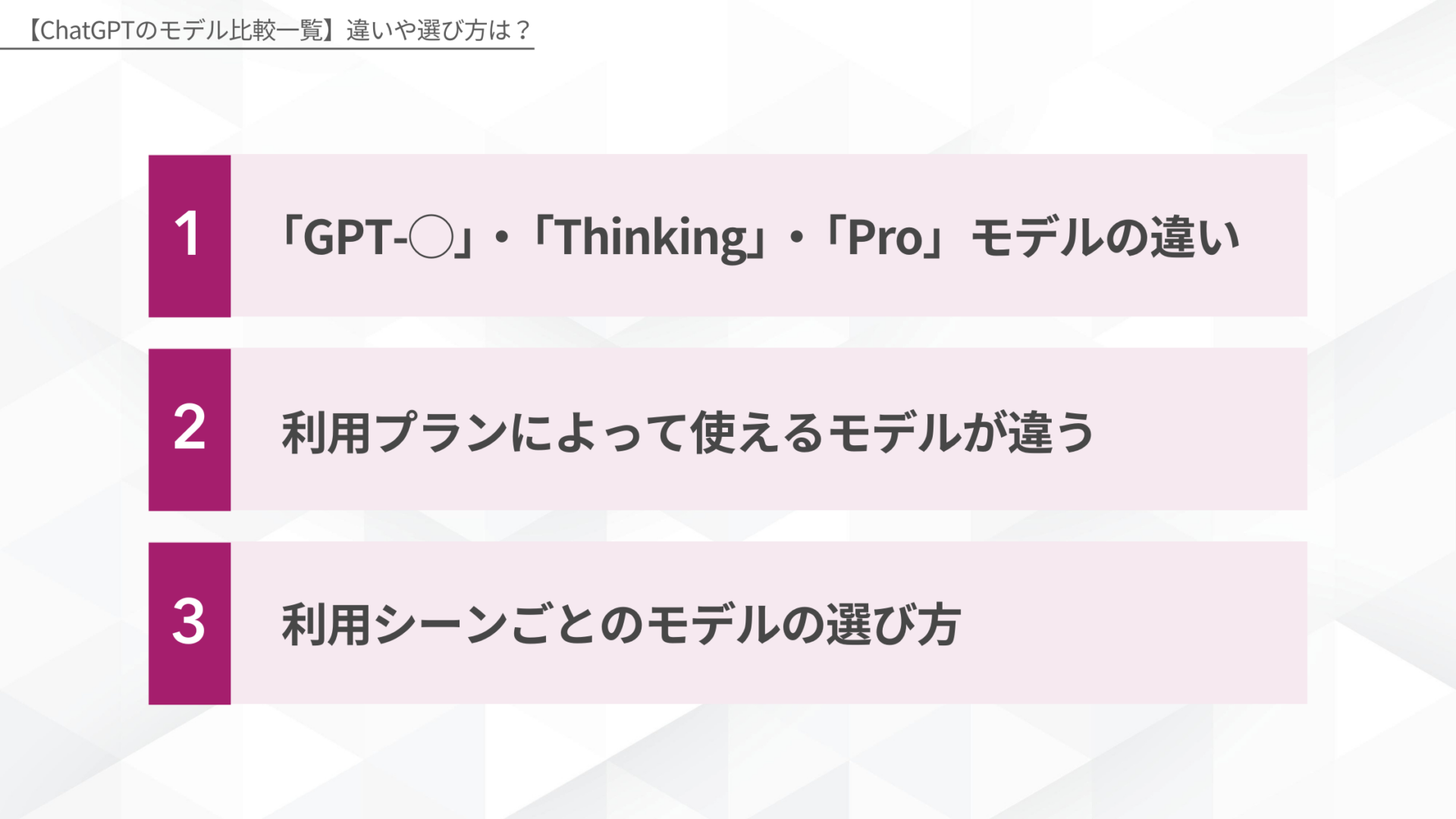 【ChatGPTのモデル比較一覧】違いや選び方は？(「GPT-◯」・「Thinking」・「Pro」モデルの違い/利用プランによって使えるモデルが違う/利用シーンごとのモデルの選び方)