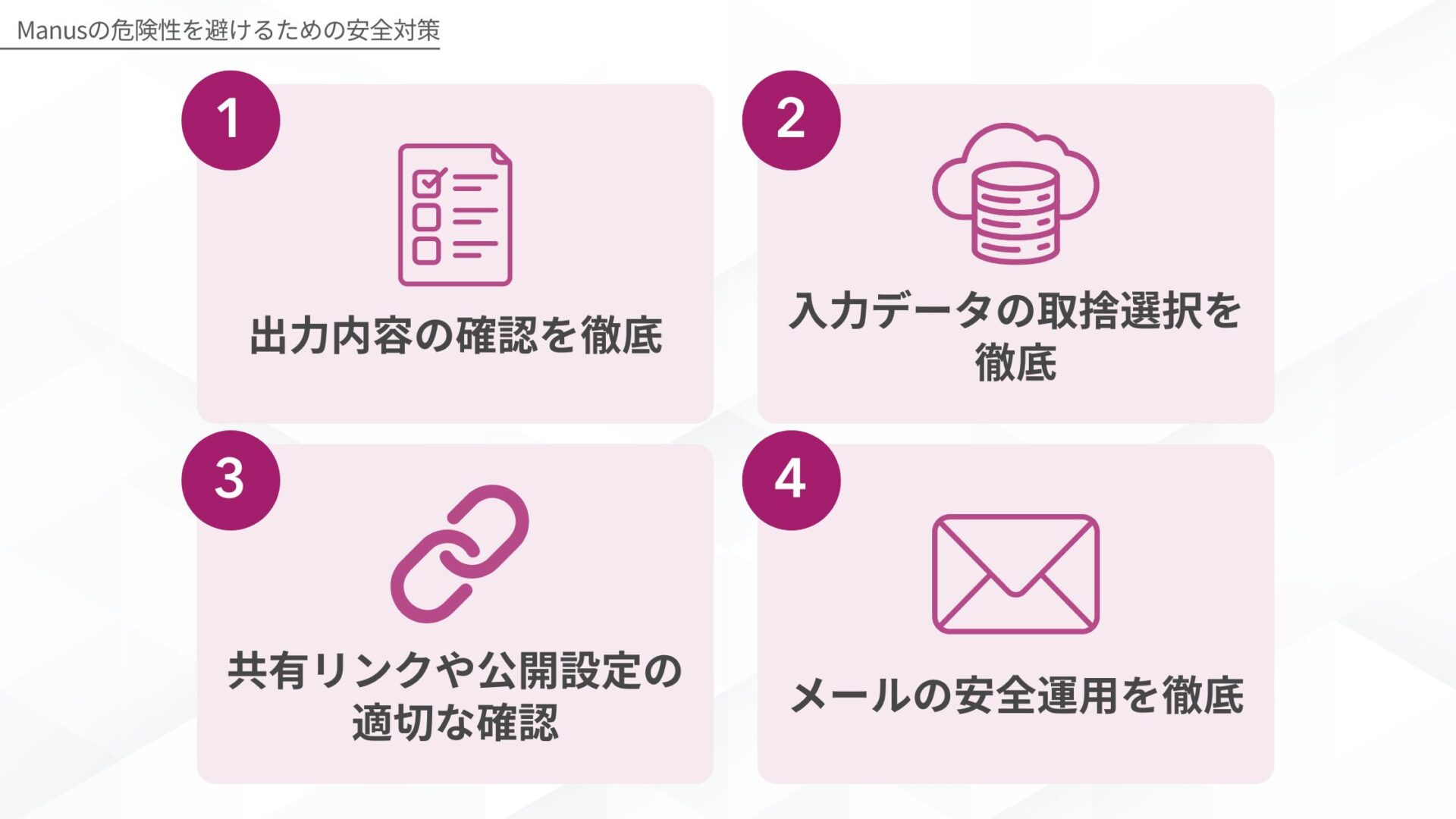 Manusの危険性を避けるための4つの安全対策を示す図解（出力内容の確認を徹底/入力データの取捨選択を徹底/共有リンクや公開設定の適切な確認/メールの安全運用を徹底）
