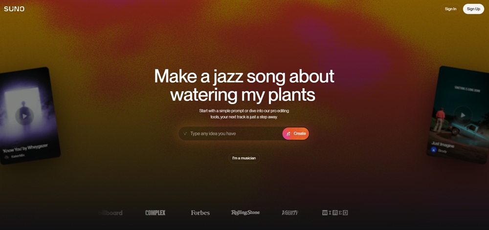 Suno AIのトップ画面
